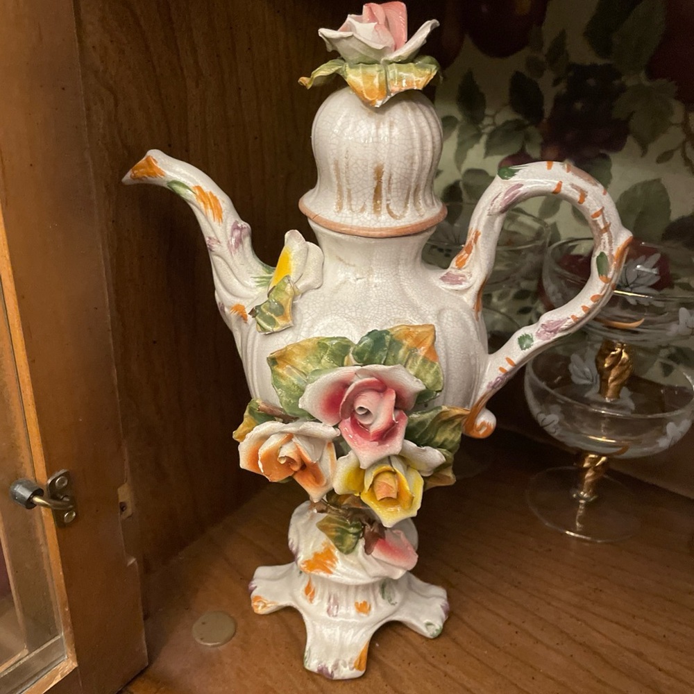 VTG Bassano, Italy signed ceramic 3D floral TALL teapot or carafe with lid